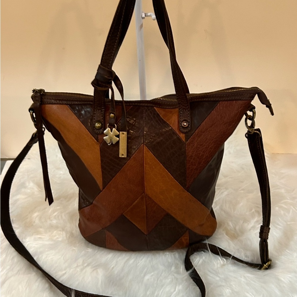 Lucky Brand Brown Leather patchwork Pattern shoul… - image 2